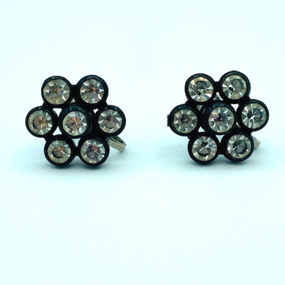 Vintage Small Black Flower Gem Clip On Earrings